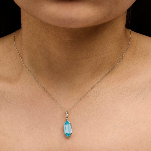 10K Yellow Gold Elongated Hexagon Blue Topaz and 0.114 Cttw Diamond Pendant Necklace - alternate view 5