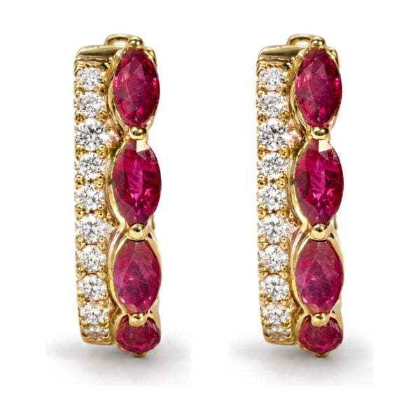 10K Yellow Gold 1/6 Cttw Diamond and Marquise Ruby Double-Row Huggie Hoop Earrings. - alternate view 2