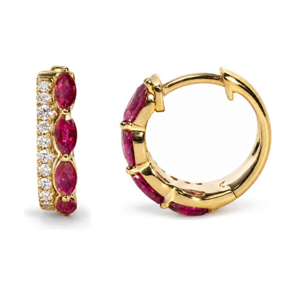 10K Yellow Gold 1/6 Cttw Diamond and Marquise Ruby Double-Row Huggie Hoop Earrings. - alternate view 3
