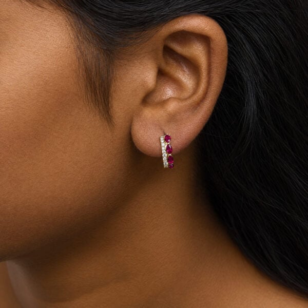 10K Yellow Gold 1/6 Cttw Diamond and Marquise Ruby Double-Row Huggie Hoop Earrings. - alternate view 5