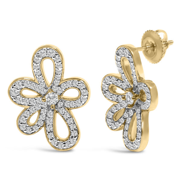 14K Yellow Gold Plated .925 Sterling Silver 1.0 Cttw Diamond Operwork Retro Floral Stud Earrings - alternate view 2