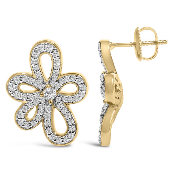 14K Yellow Gold Plated .925 Sterling Silver 1.0 Cttw Diamond Operwork Retro Floral Stud Earrings - alternate view 3