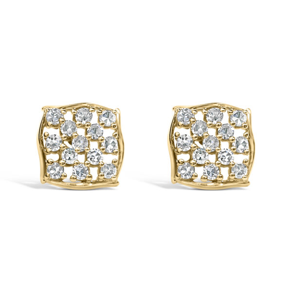 14K Yellow Gold Plated .925 Sterling Silver 1/6 Cttw Diamond Openwork Checkerboard Stud Earrings