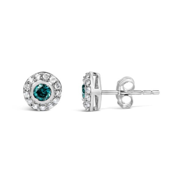 Sterling Silver 1/2 Cttw Round Blue and White Diamond Halo Stud Earrings - alternate view 3