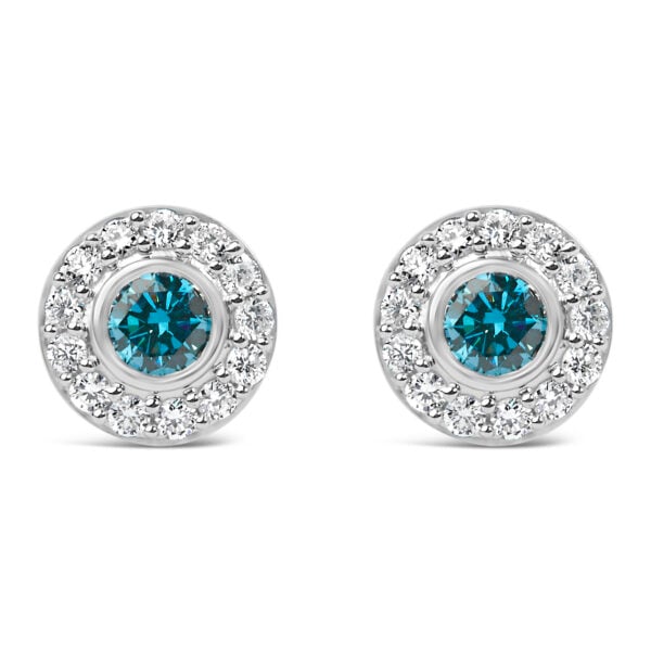 Sterling Silver 1.0 Cttw Blue and White Lab Grown Diamond Round Halo Stud Earrings