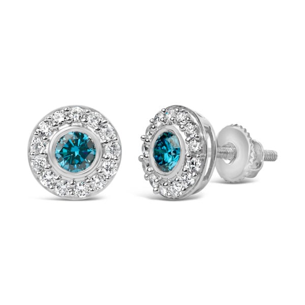 Sterling Silver 1.0 Cttw Blue and White Lab Grown Diamond Round Halo Stud Earrings - alternate view 2