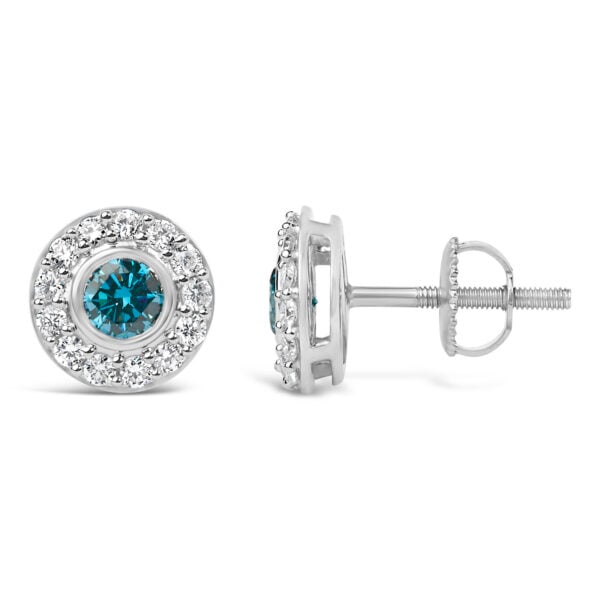 Sterling Silver 1.0 Cttw Blue and White Lab Grown Diamond Round Halo Stud Earrings - alternate view 3