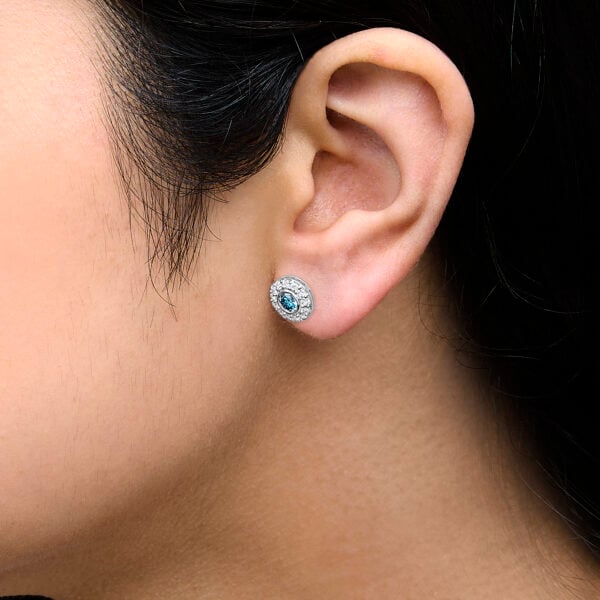 Sterling Silver 1.0 Cttw Blue and White Lab Grown Diamond Round Halo Stud Earrings - alternate view 5