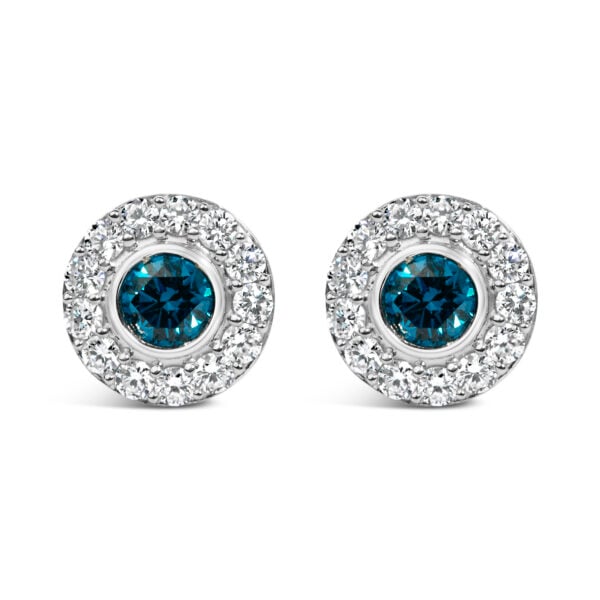 Sterling Silver 1 1/2 Cttw Blue and White Lab Grown Diamond Round Halo Stud Earrings