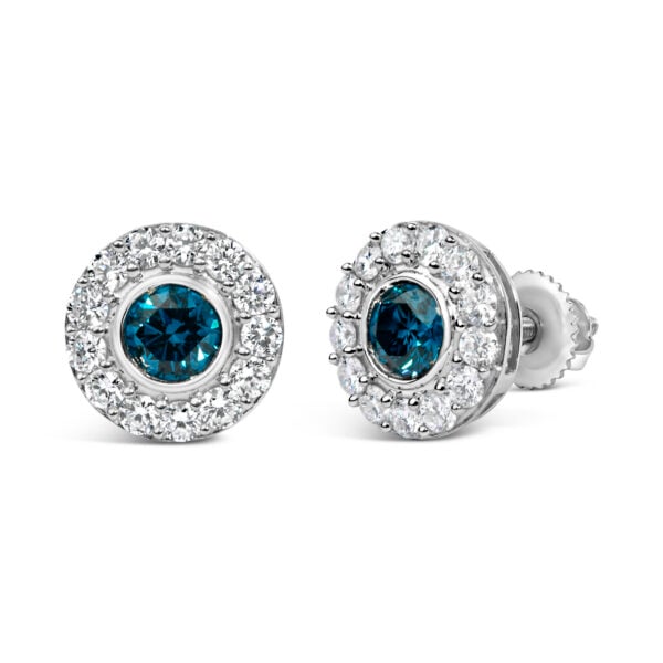 Sterling Silver 1 1/2 Cttw Blue and White Lab Grown Diamond Round Halo Stud Earrings - alternate view 2