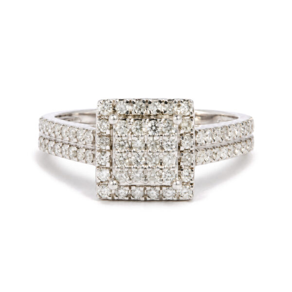 14K White Gold 1/2 Cttw Diamond Square Halo Ring with Split Shoulder Design