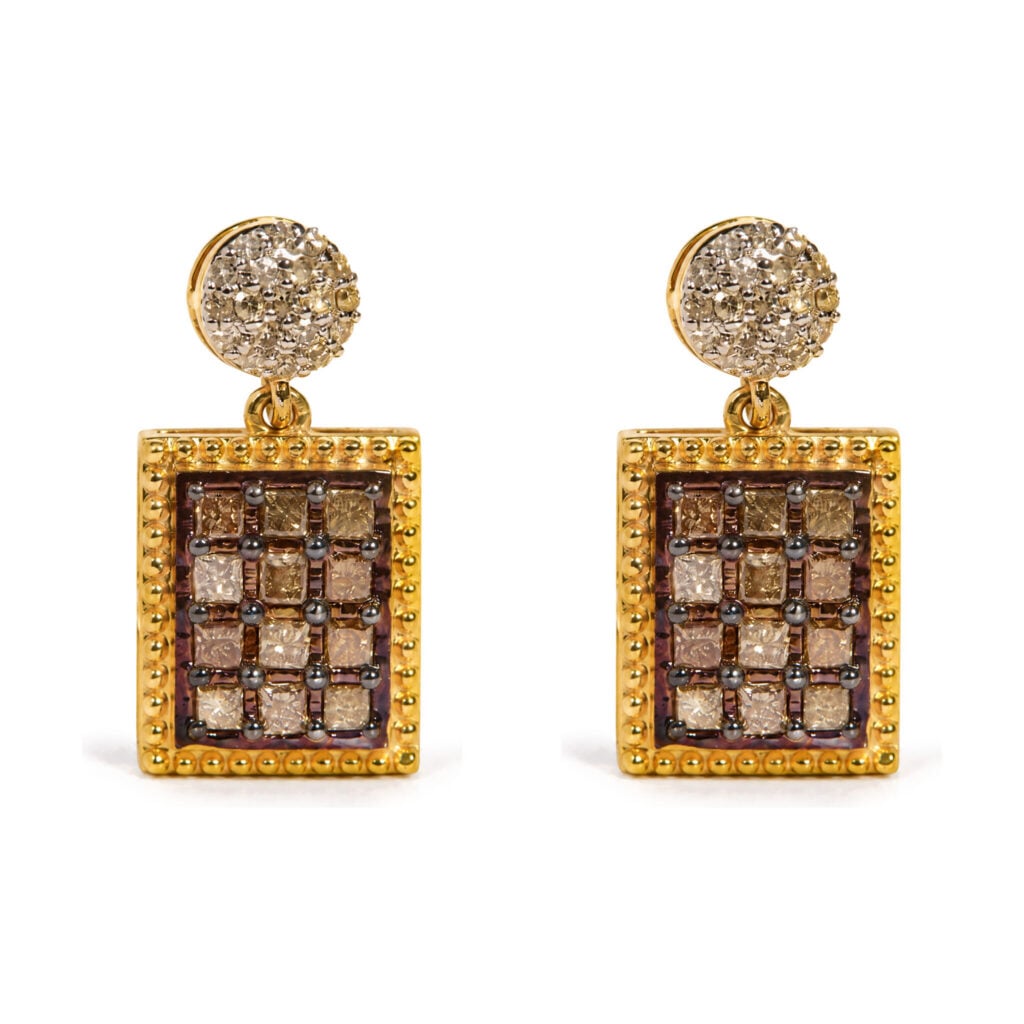 10K Yellow Gold 1.00 Cttw Champagne Diamond Checkerboard Drop Earrings