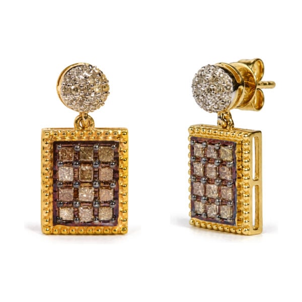 10K Yellow Gold 1.00 Cttw Champagne Diamond Checkerboard Drop Earrings - alternate view 2