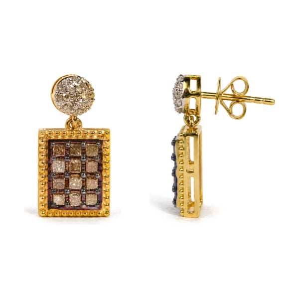 10K Yellow Gold 1.00 Cttw Champagne Diamond Checkerboard Drop Earrings - alternate view 3