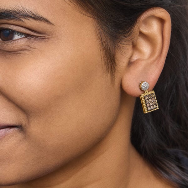 10K Yellow Gold 1.00 Cttw Champagne Diamond Checkerboard Drop Earrings - alternate view 5