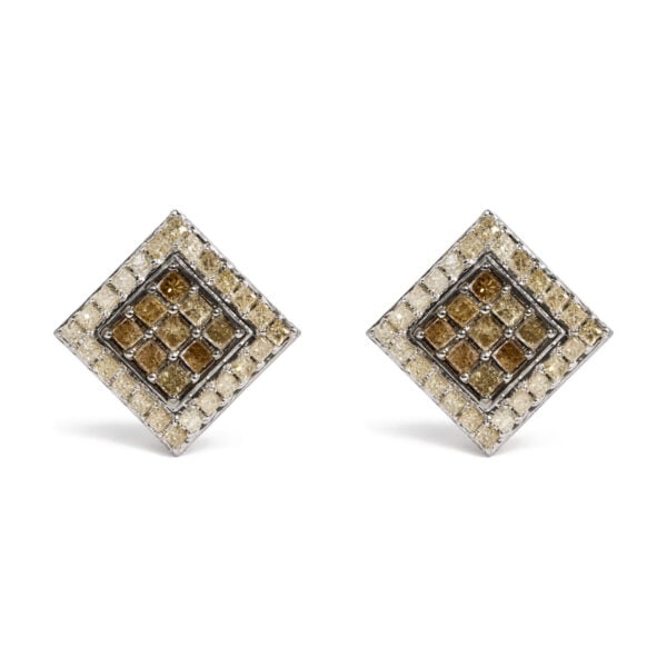 10K White Gold 2-1/4 Cttw Champagne Diamond Square Motif Stud Earrings