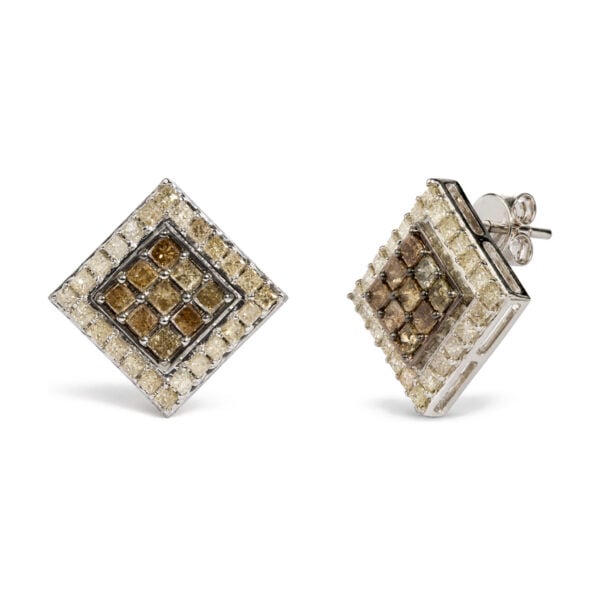 10K White Gold 2-1/4 Cttw Champagne Diamond Square Motif Stud Earrings - alternate view 2