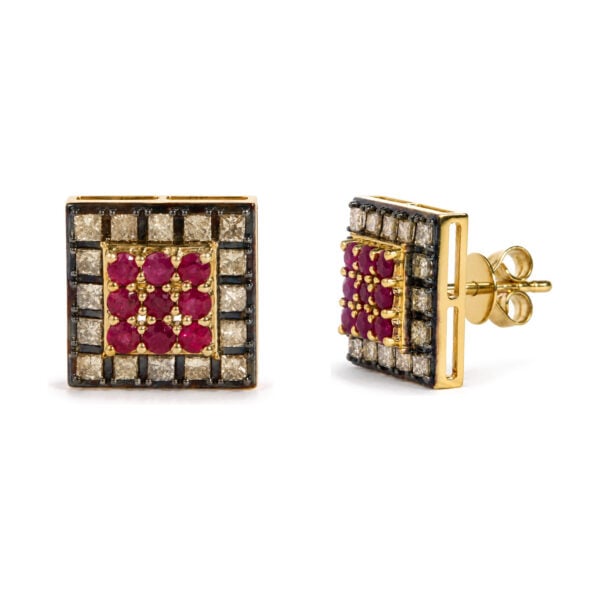 10K Yellow Gold Red Ruby and 1 1/4 Cttw Champagne Diamond Square Motif Stud Earrings - alternate view 2