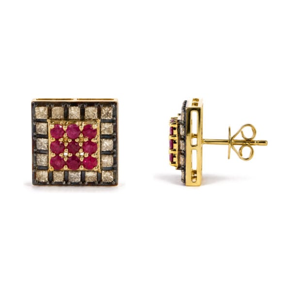 10K Yellow Gold Red Ruby and 1 1/4 Cttw Champagne Diamond Square Motif Stud Earrings - alternate view 3