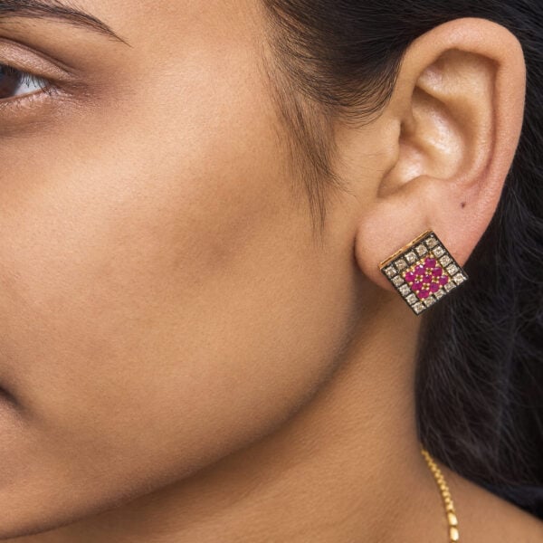 10K Yellow Gold Red Ruby and 1 1/4 Cttw Champagne Diamond Square Motif Stud Earrings - alternate view 5