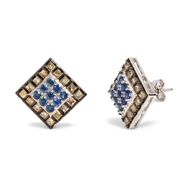 10K White Gold Sapphire and 1 3/8 Cttw Champagne Diamond Geometric Stud Earrings - alternate view 2