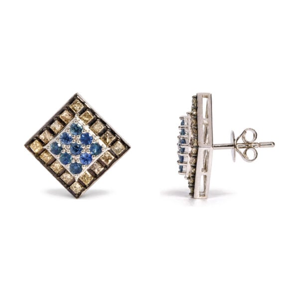 10K White Gold Sapphire and 1 3/8 Cttw Champagne Diamond Geometric Stud Earrings - alternate view 3