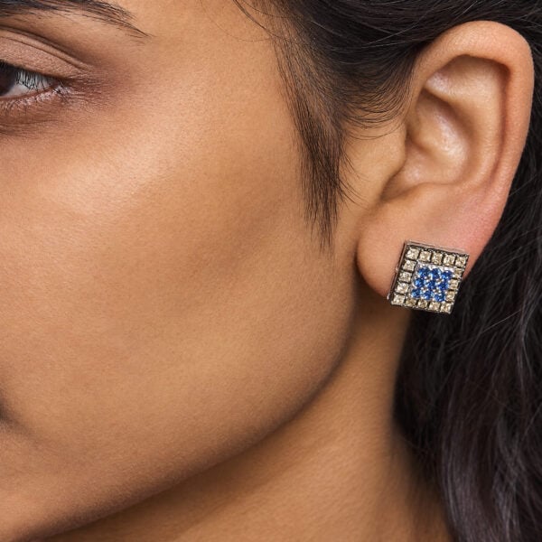 10K White Gold Sapphire and 1 3/8 Cttw Champagne Diamond Geometric Stud Earrings - alternate view 5