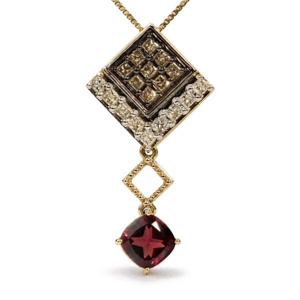 10K Yellow Gold Lab-Created Red Cushion Garnet and 5/8 Cttw Diamond Drop Pendant Necklace - alternate view 2