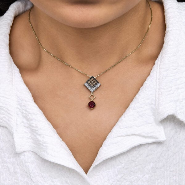 10K Yellow Gold Lab-Created Red Cushion Garnet and 5/8 Cttw Diamond Drop Pendant Necklace - alternate view 5