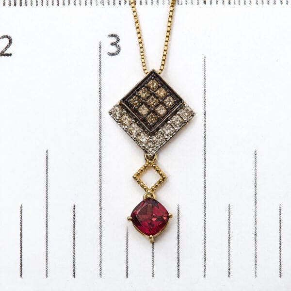 10K Yellow Gold Lab-Created Red Cushion Garnet and 5/8 Cttw Diamond Drop Pendant Necklace - alternate view 4