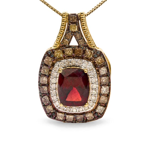 10K Yellow Gold Lab-Created Red Garnet and 1 7/8 Cttw Diamond Double Halo Pendant Necklace - alternate view 2
