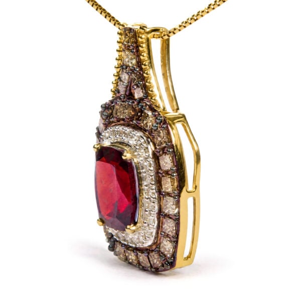 10K Yellow Gold Lab-Created Red Garnet and 1 7/8 Cttw Diamond Double Halo Pendant Necklace - alternate view 3
