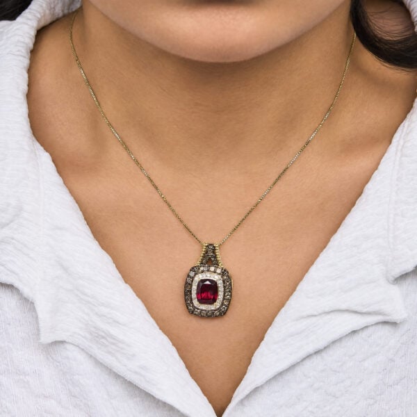 10K Yellow Gold Lab-Created Red Garnet and 1 7/8 Cttw Diamond Double Halo Pendant Necklace - alternate view 5