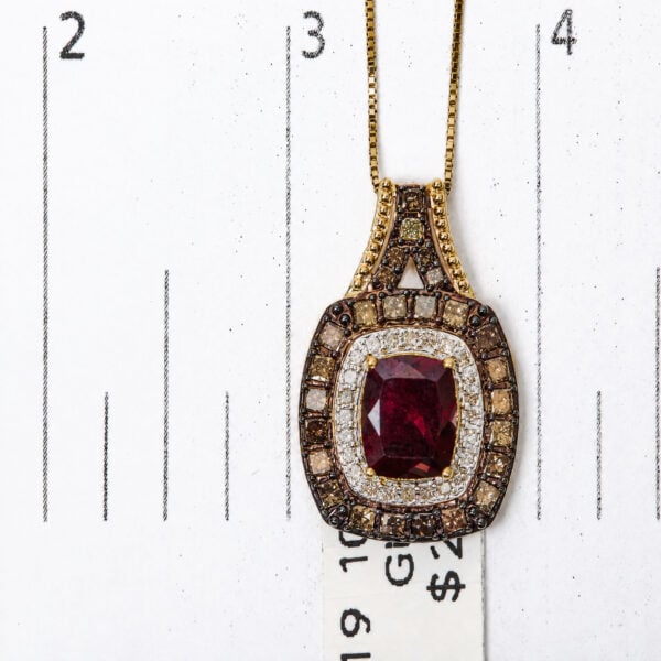 10K Yellow Gold Lab-Created Red Garnet and 1 7/8 Cttw Diamond Double Halo Pendant Necklace - alternate view 4