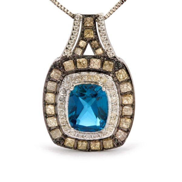 10K White Gold Lab-Created Cushion Blue Topaz & 1 7/8 Cttw Diamond Double Halo Pendant Necklace - alternate view 2
