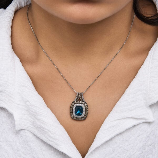 10K White Gold Lab-Created Cushion Blue Topaz & 1 7/8 Cttw Diamond Double Halo Pendant Necklace - alternate view 5