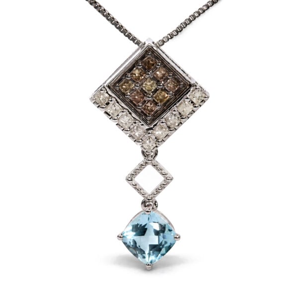 10K White Gold 5/8 Cttw Diamond and Created Cushion Blue Topaz Geometric Drop Pendant Necklace - alternate view 2