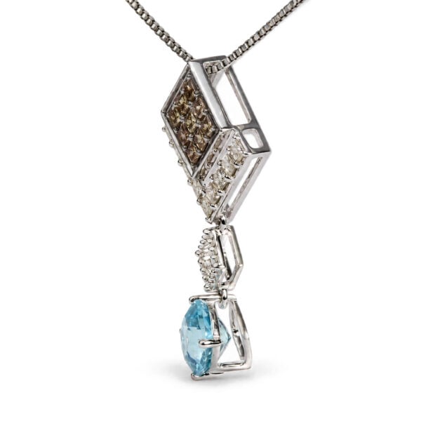 10K White Gold 5/8 Cttw Diamond and Created Cushion Blue Topaz Geometric Drop Pendant Necklace - alternate view 3