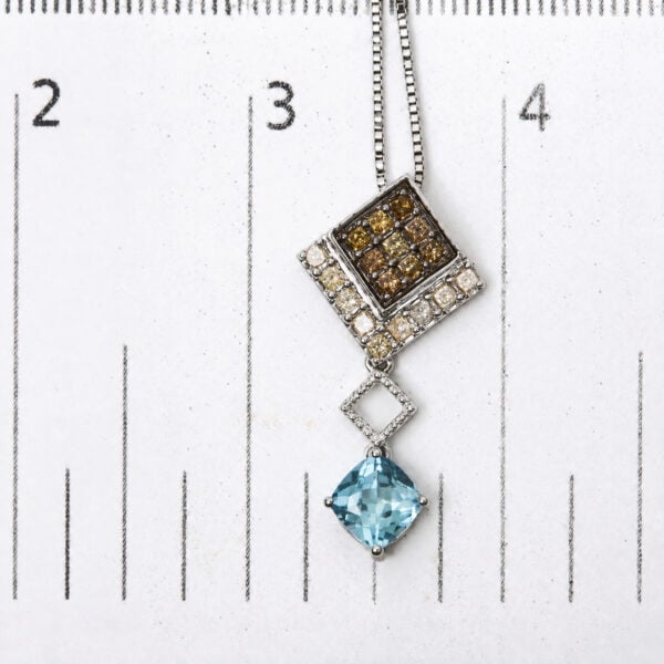10K White Gold 5/8 Cttw Diamond and Created Cushion Blue Topaz Geometric Drop Pendant Necklace - alternate view 4