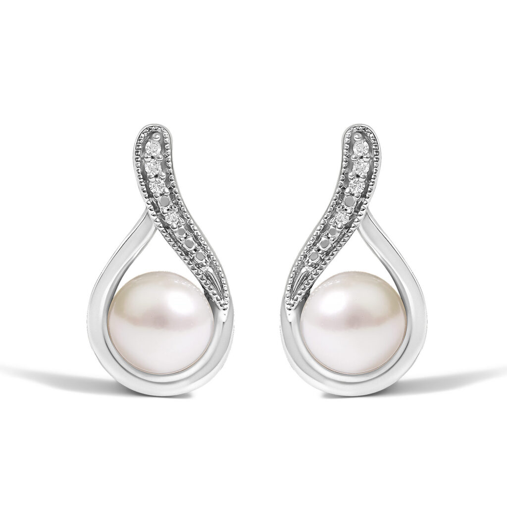 Sterling Silver White Freshwater Cultured Pearl and Diamond Accent Teardrop Stud Earrings