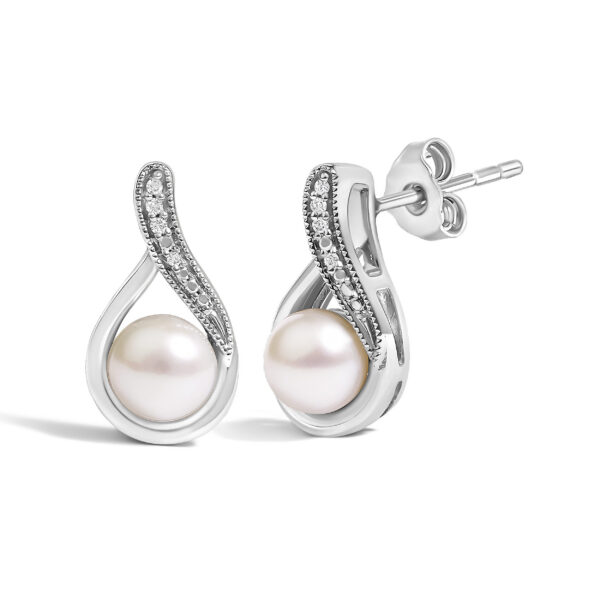 Sterling Silver White Freshwater Cultured Pearl and Diamond Accent Teardrop Stud Earrings - alternate view 2