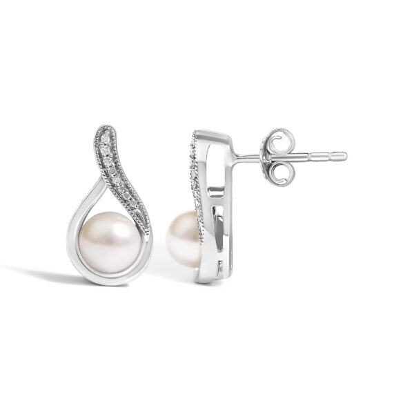 Sterling Silver White Freshwater Cultured Pearl and Diamond Accent Teardrop Stud Earrings - alternate view 3