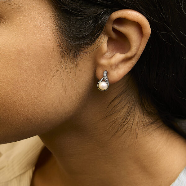 Sterling Silver White Freshwater Cultured Pearl and Diamond Accent Teardrop Stud Earrings - alternate view 5