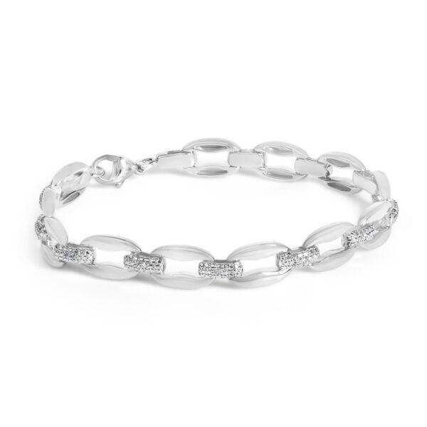 Sterling Silver Pave Set Diamond Accent Bold Oval Link Bracelet