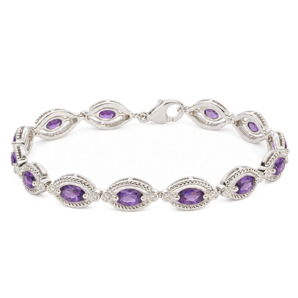 Sterling Silver Oval Purple Amethyst and 1/10 Cttw Diamond Link Bracelet