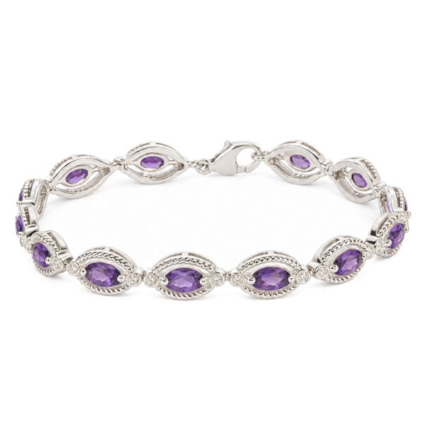 Sterling Silver Oval Purple Amethyst and 1/10 Cttw Diamond Link Bracelet