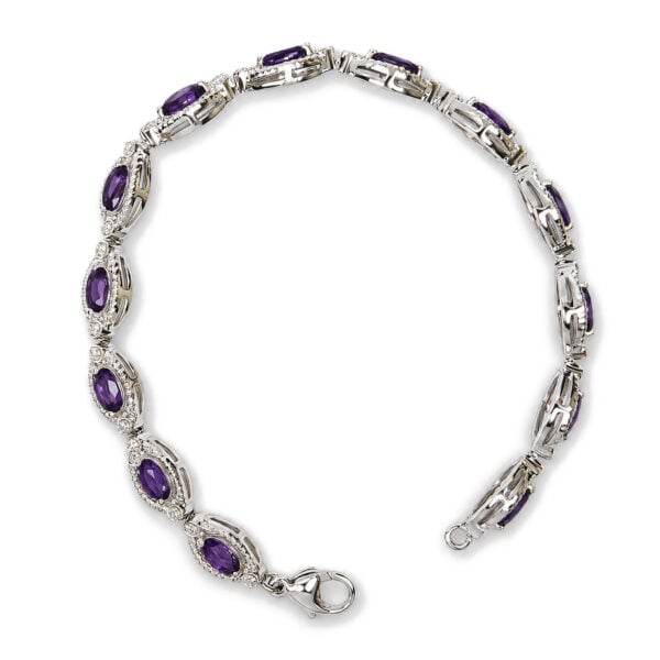 Sterling Silver Oval Purple Amethyst and 1/10 Cttw Diamond Link Bracelet - alternate view 3