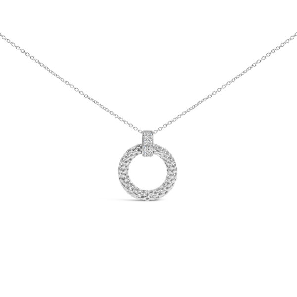 Sterling Silver 1/8 Cttw Round Diamond Woven-Texture Open Circle Pendant Necklace
