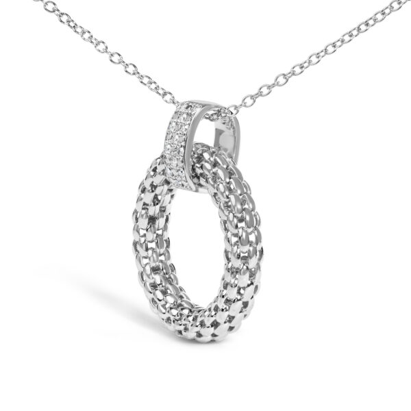 Sterling Silver 1/8 Cttw Round Diamond Woven-Texture Open Circle Pendant Necklace - alternate view 3