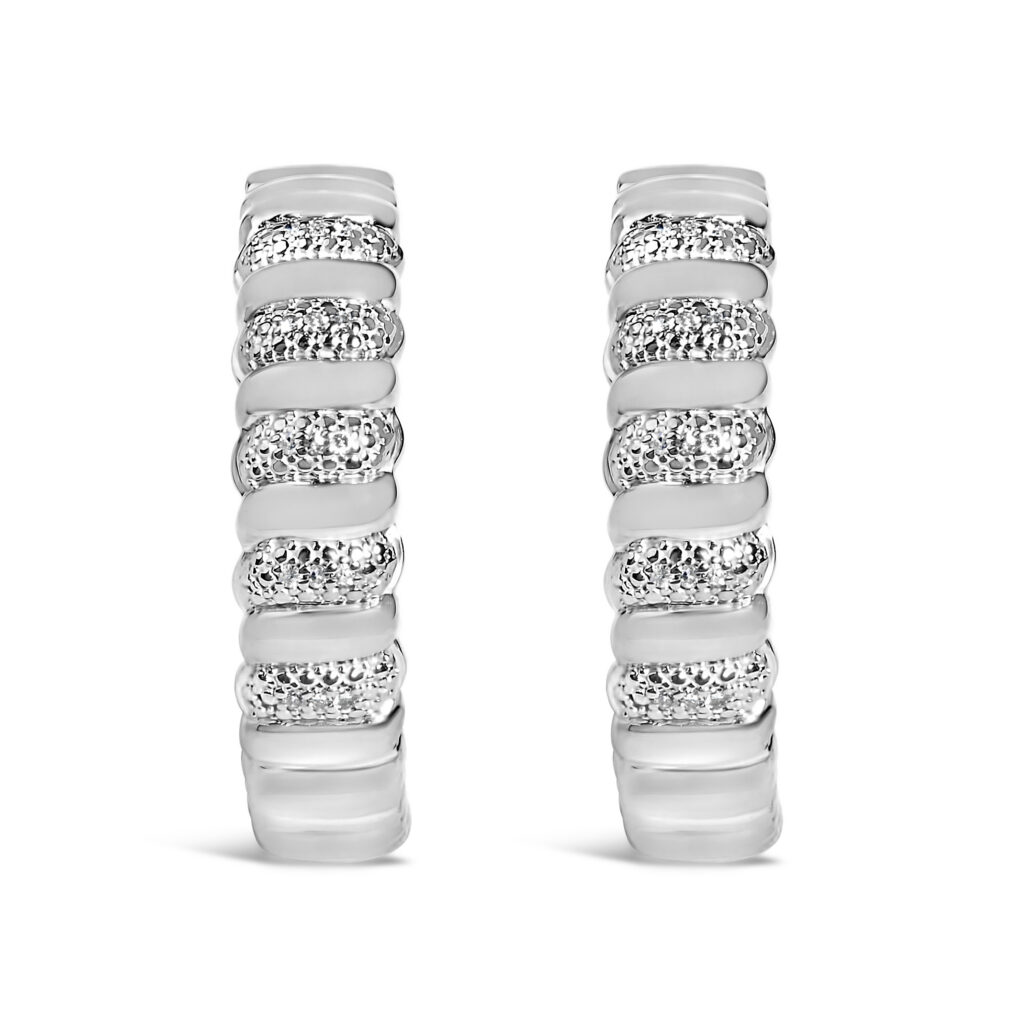 Sterling Silver 1/10 Cttw Round Diamond Pavé Ribbed Hoop Earrings
